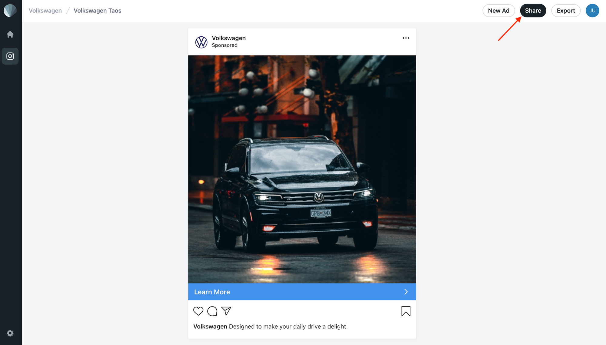 Screenshot of Sendpreview Instagram single image feed ad mockup editor with red arrow pointing to Share