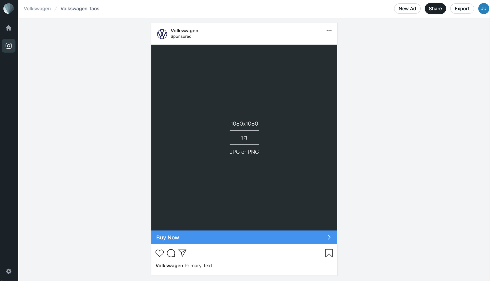 Screenshot of Sendpreview Instagram single feed ad mockup editor