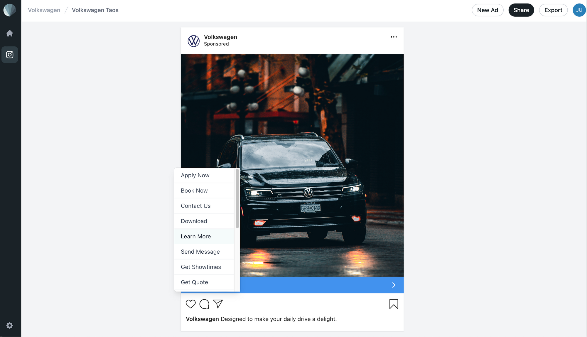 Screenshot of Sendpreview Instagram single feed ad mockup CTA options