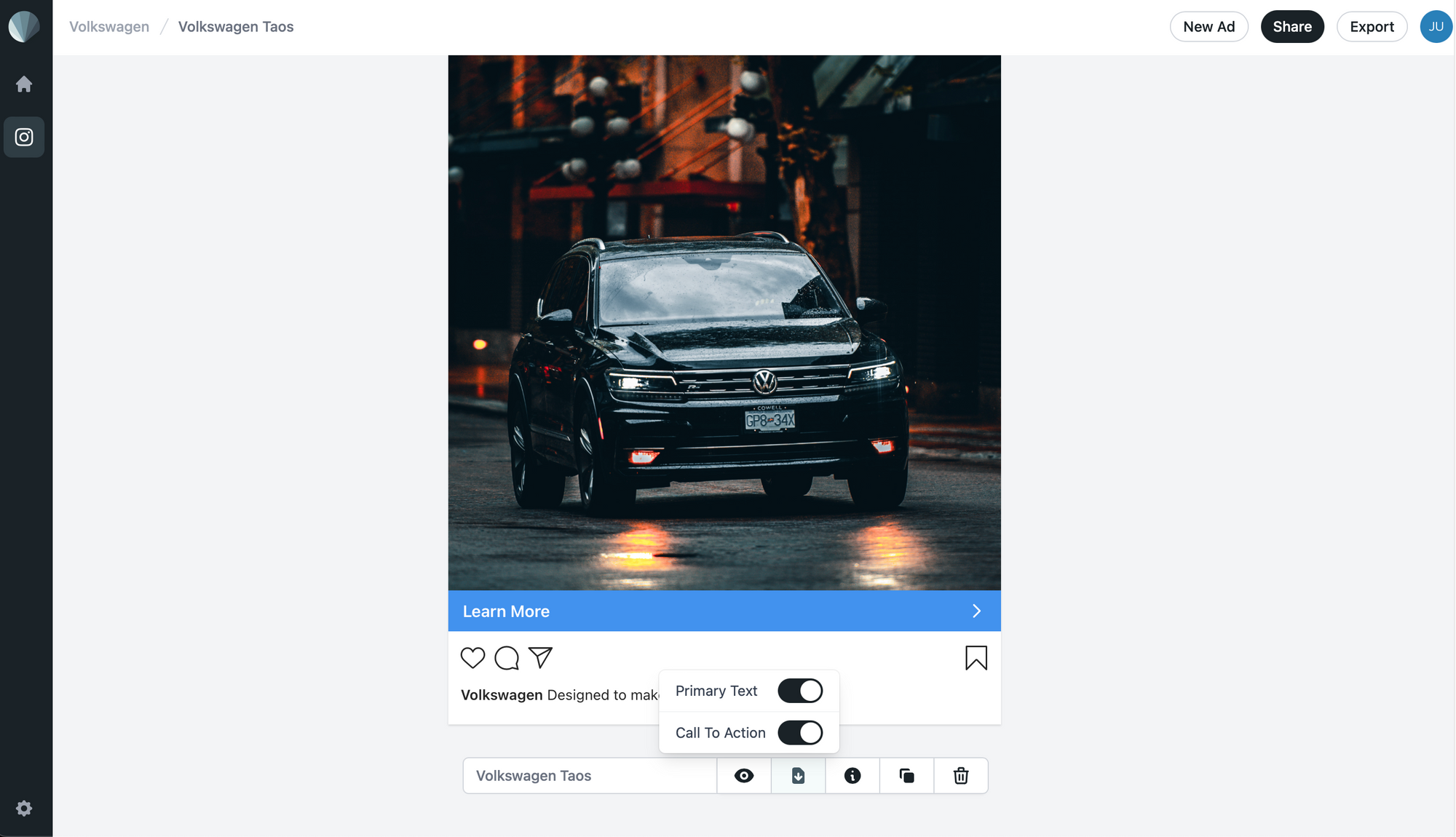 Screenshot of Sendpreview Instagram single feed ad mockup hide fields options