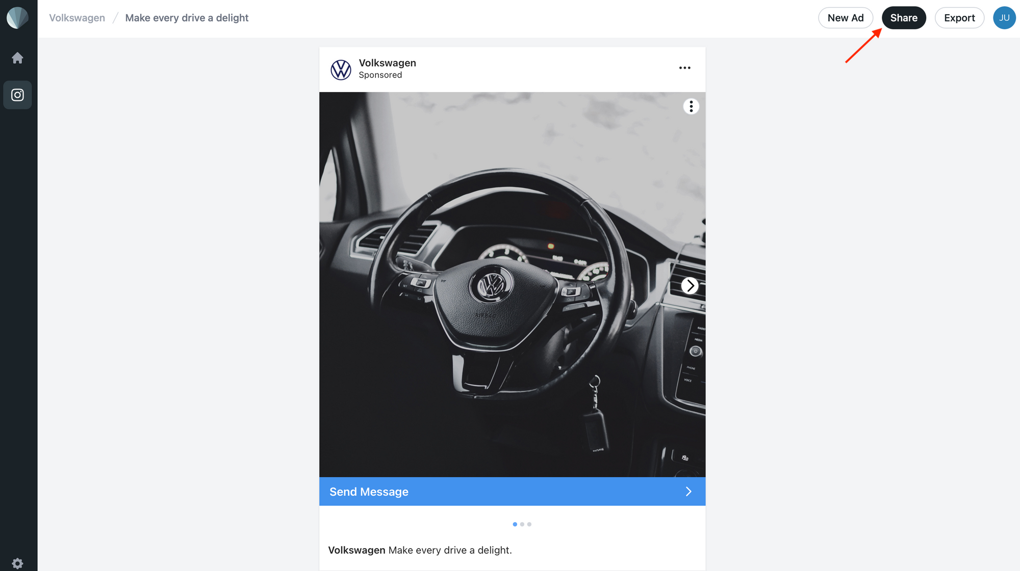 Screenshot of Sendpreview Instagram carousel ad editor with red arrow pointing to share