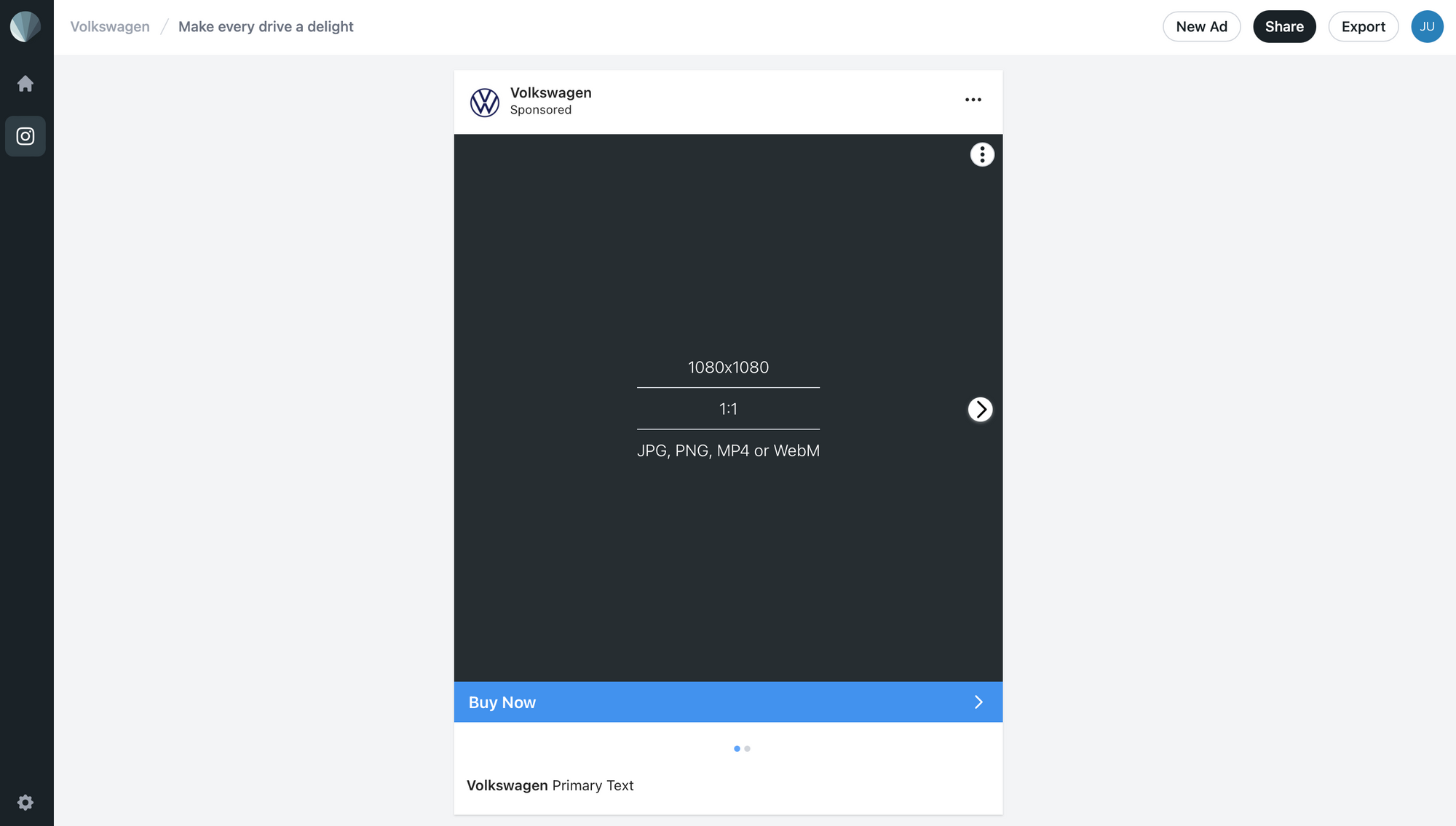 Screenshot of Sendpreview Instagram carousel ad mockup editor