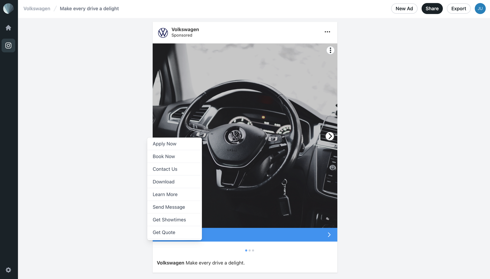 Screenshot of Sendpreview Instagram carousel ad CTA options